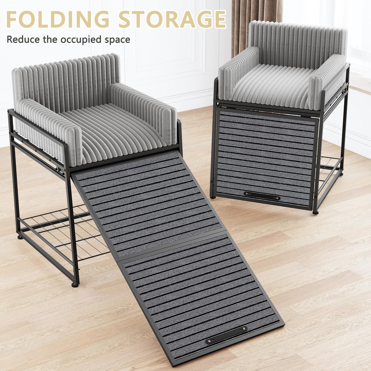 Pet Stairs Ramp with Seat,Dog Window Perch with Stairs and Storage,Dog Seat with Ramp Steps,Folding Pet Ramp for Dogs Cats,Bunk Bed Chair with Sofa Cushion for Bed Couch Office,Hold Up to 110 lbs