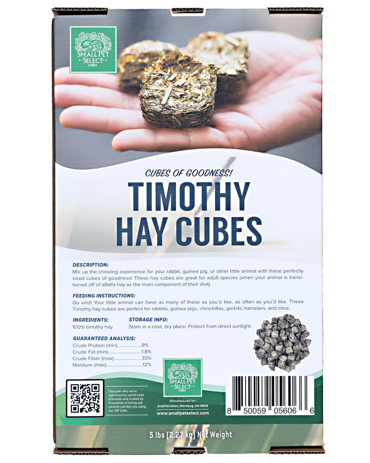Small Pet Select - Straight Timothy Hay Cubes - 100% All Natural Timothy Hay, Not Blended - Delivered Fresh, Guarantee, (5 lb)