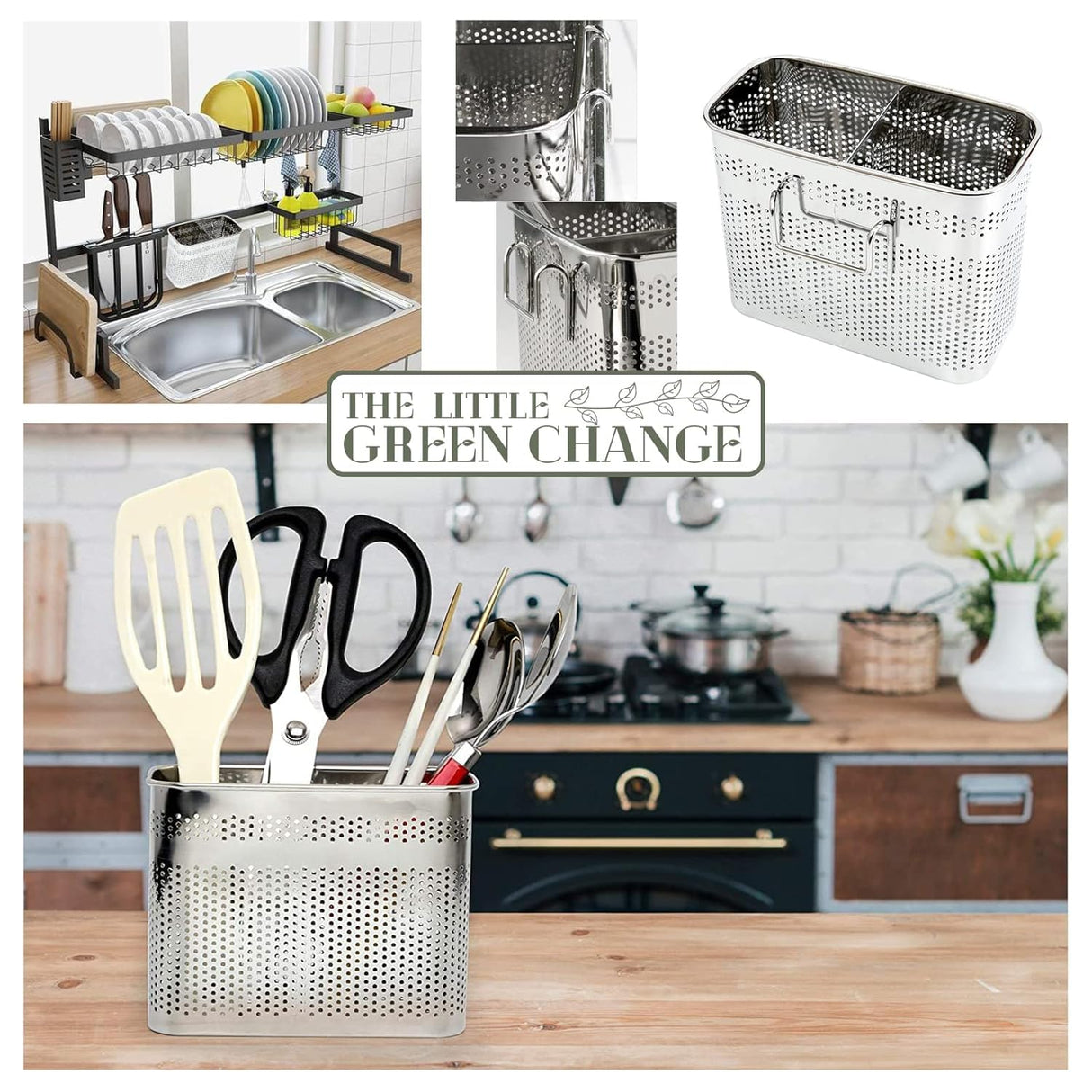 Daeheung Industries Kitchen Utensils Chopsticks Holder Drying Rack Basket with Hooks 2 Divided Compartments Quality Stainless Steel Large L5.4 X H4.3 X W2.6