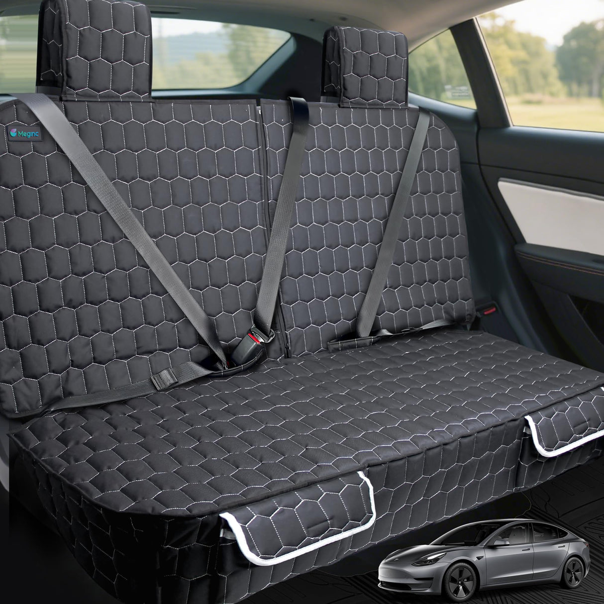 Meginc Dog Car Seat Covers for Tesla Model 3,100% Waterproof Back Seat Cover for Cars Armrest Compatible Nonslip Car Rear Seat Protector for Dogs & Kids, Easy Clean Tesla Model 3 Accessories