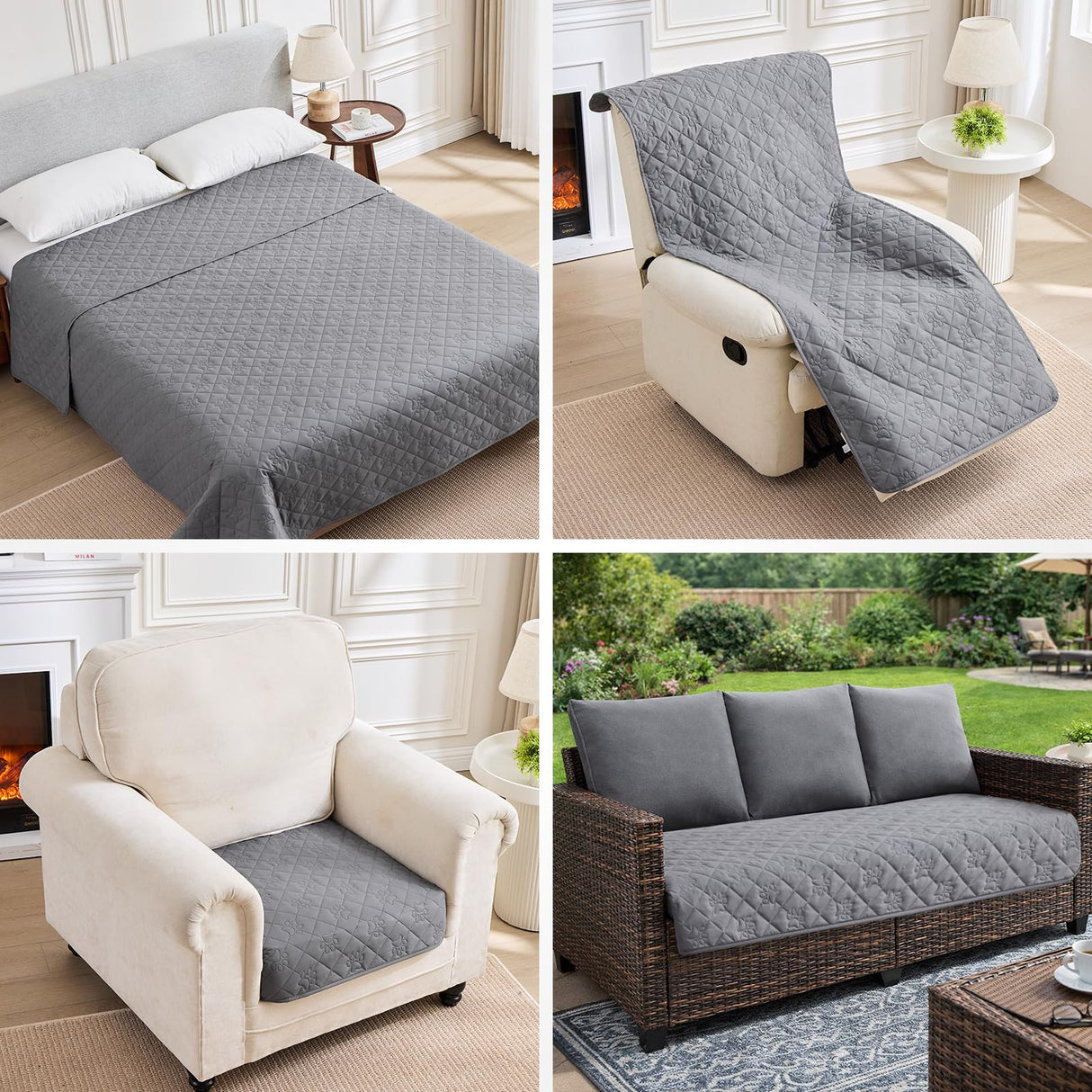 Waterproof 4 Seater Couch Cover for Dogs, Paw Print Quilted Blanket for 4 Cushion Sofa and Bed, Pet Hair Resistant, Skin-Friendly, Scratch Proof, Washable Sofa Seat Protector, 30x90 inch, Grey