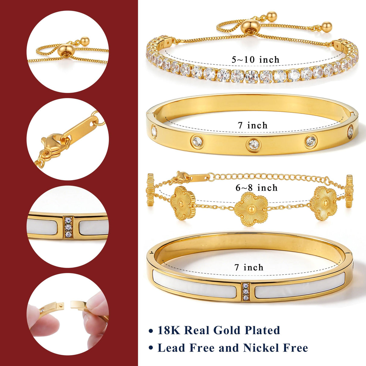 SEADAY 18K Gold Plated Stackable Bangles Bracelets for Women - 4 Pcs Gold Bracelet Set Trendy Stainless Steel Fashion Accessories, Dainty Stacked Jewelry Set Gift for Daily Wear Five Leaf Clover