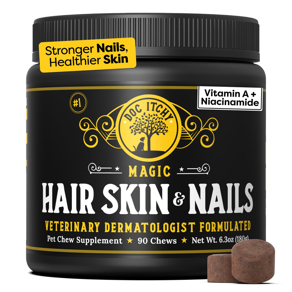 Medical-Strength Hair Skin & Nails Dog Chews | Vitamin A Retinol & B3 Niacinamide for Dogs | EPA Omega 3 for Dog | Relieve Itching, Flaky Skin & Brittle Nails | 90 Chews