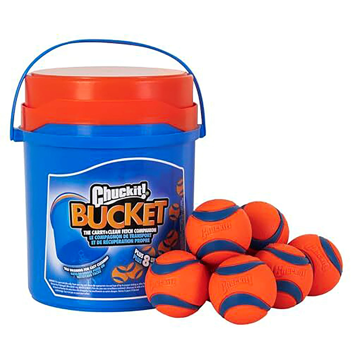 Chuckit! Ultra Ball Dog Toy with Chuckit! Cleaning Bucket, Bouncy Fetch Pet Toys For Dogs 20-60 lbs, Interactive Dog Toys, Durable Rubber, Size Medium, 2.5-inch Diameter, 8-Pack of Balls