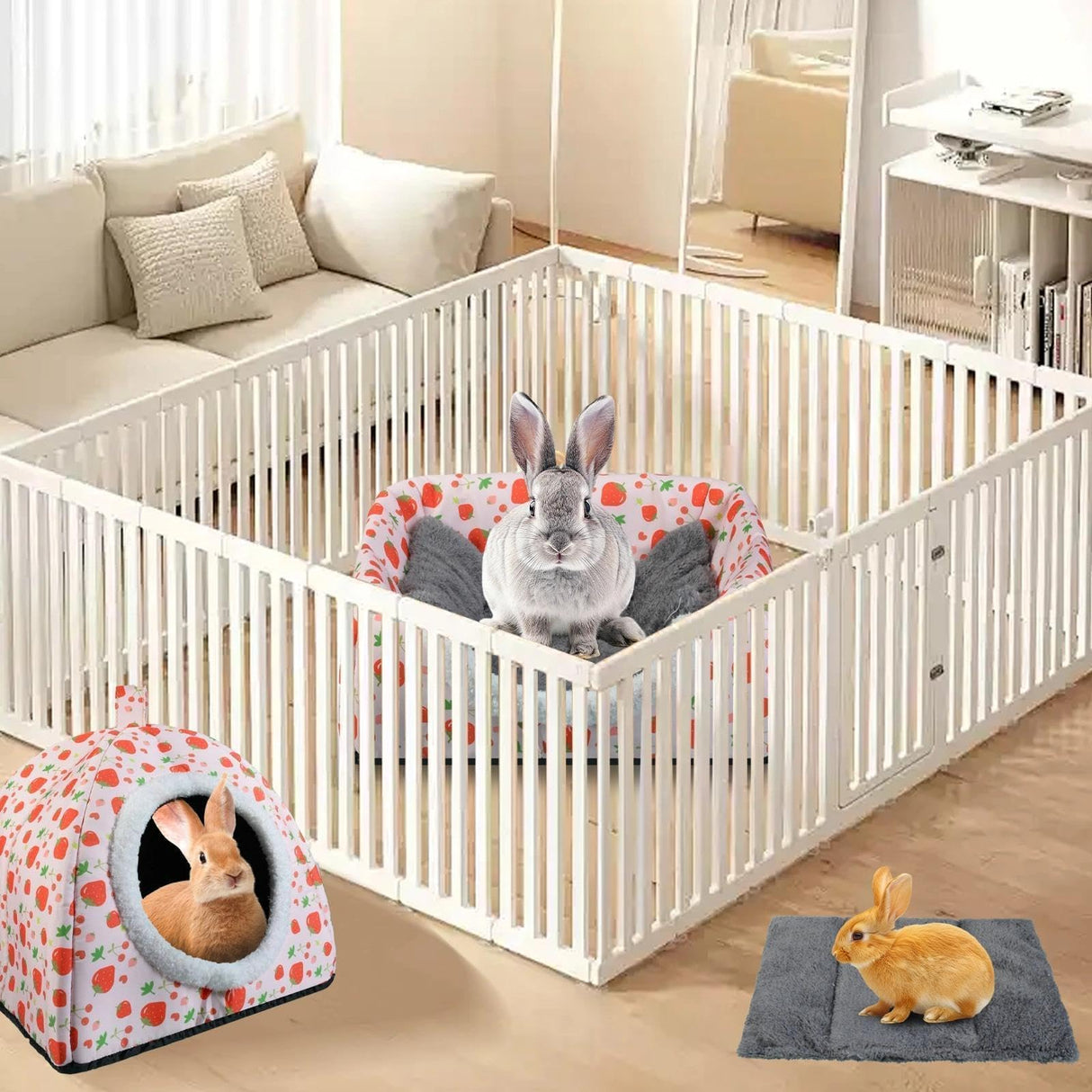 Warm Rabbit Hideout, Washable Bunny Bed & Hideaway House with Strawberry Design, Cozy Fleece Hut for Indoor Rabbits Guinea Pigs and Other Small Animals