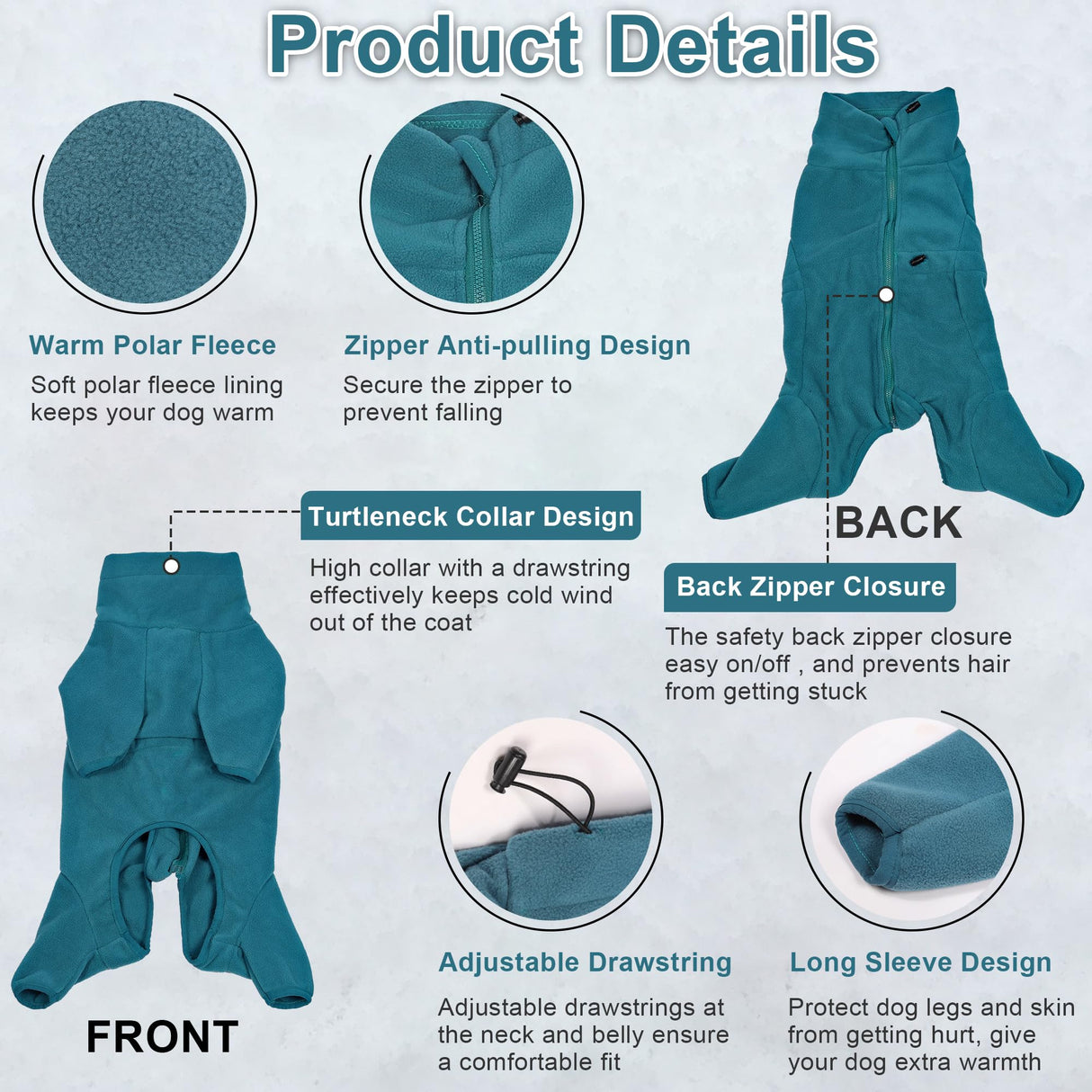 TARFEPA Dog Winter Coat, Polar Fleece Pullover Jumpsuit, Dog Sweatshirt Jacket, Fullbody Pajamas Onesie for Small Medium Large Dogs Hiking Walking Sleep, Turquoise M