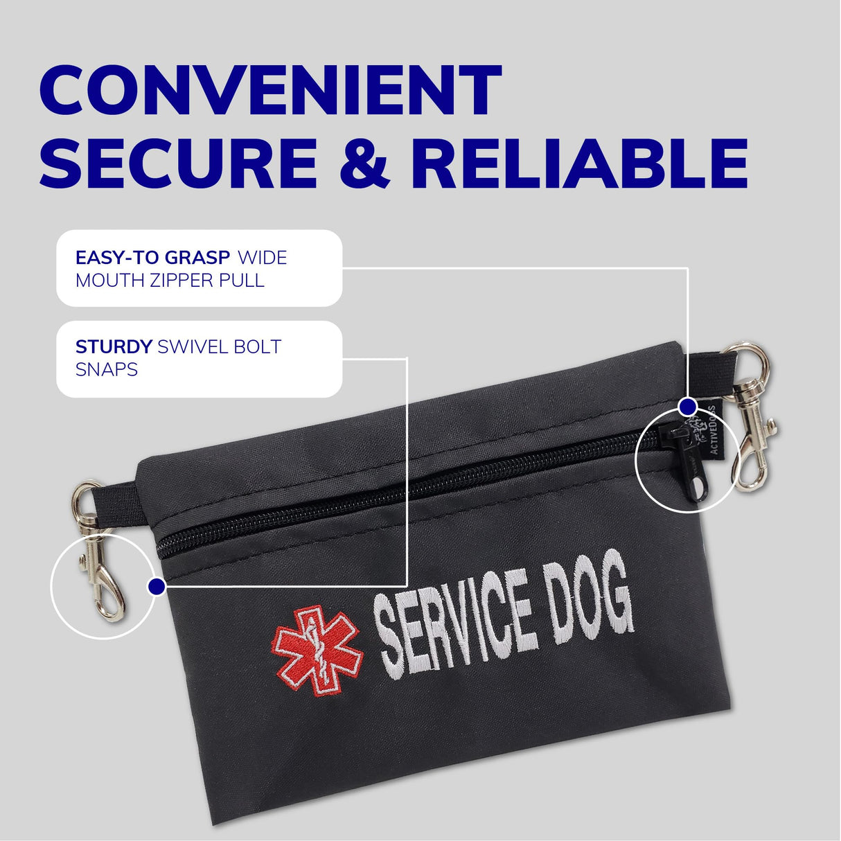 ActiveDogs Service Dog Bag with Zipper - 7" x 5" Clip-On Pouch with Embroidered Red Medical Alert Symbol for Easy Identification & Storage - Service Dog Accessory for Harness, Vest & More