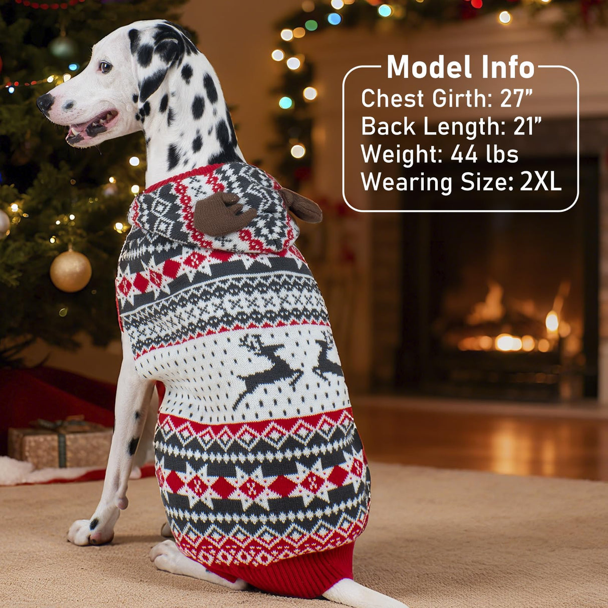 KYEESE Dog Christmas Sweater, Warm Dog Sweater for Small Dogs Boy Girl with Reindeer Antler Hood, Classic Winter Knitwear with Leash Hole, Soft Stretchy Fabric, Cozy Pet Clothes, Small