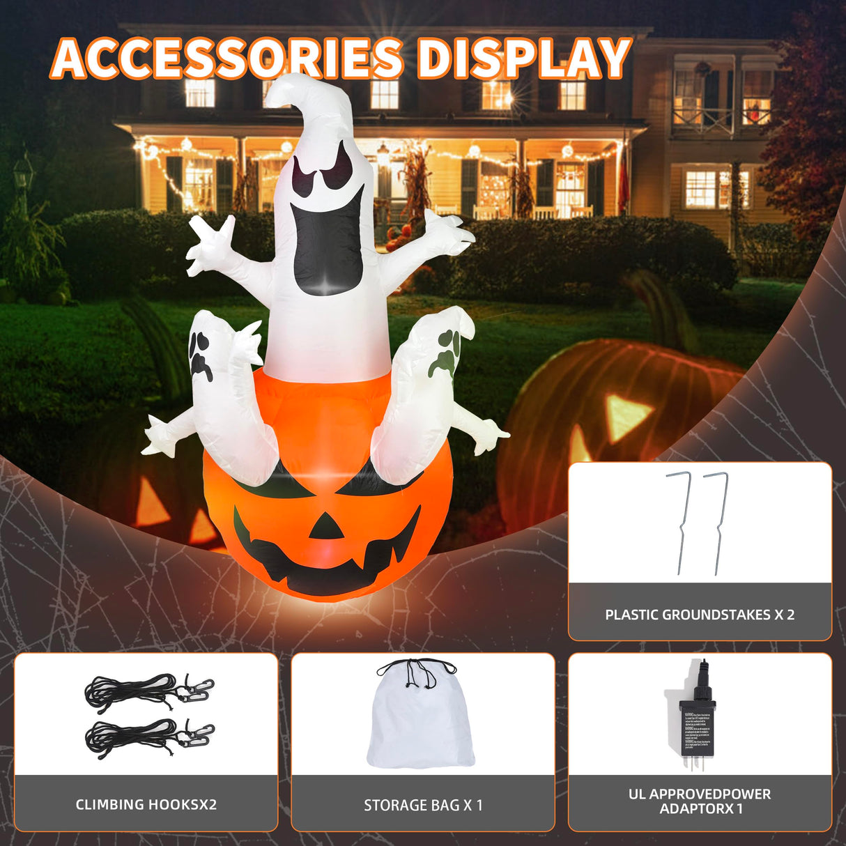 Dearsun 6FT Halloween Inflatable Pumpkin Ghosts, Blow Up Yard Halloween Inflatables Decoration with Lights for Indoor Outdoor Party Garden Lawn Holiday Decor (Three Ghosts with Pumpkin)