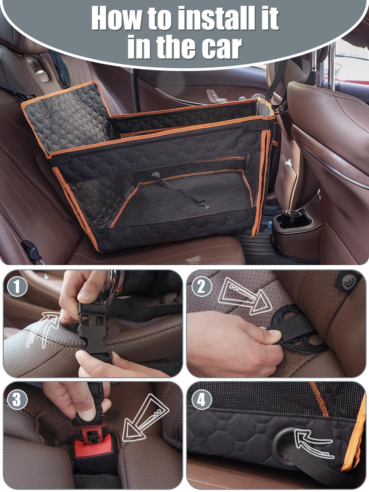 Prpeko Dog Car Seat for Large Dogs,Waterproof Fabric with Breathable Mesh&Adjustable Dog Seat Belt for Car,Dog Bed for Back Seat Up to 40 LB-Medium Orange