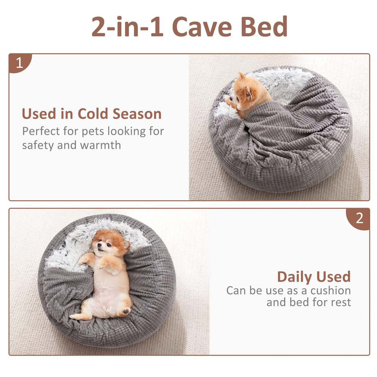 MIXJOY Dog Bed with Blanket, Round Calming Cozy Cave for Medium Dogs, Soft Plush Cuddler Puppy Bed and Burrow Cave, Anti-Slip Bottom, 26inch