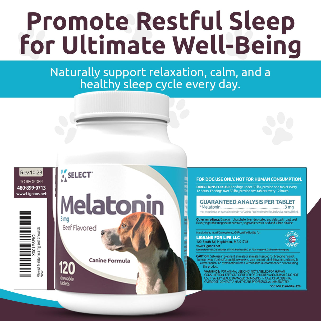 K9 Select Melatonin for Dogs - Composure Dog Calming Chews - Dog Melatonin for Sleep - Reduce Stress Helps Composure Calming Treats for Small Dogs - 3 mg, 120 Beef Flavored Chewable Tablets