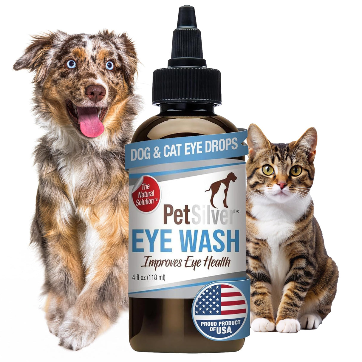 PetSilver Eye Drops for Dogs and Cats - Natural Dog Eye Wash - Relief for Inflammation & Irritation - Pet Eye Cleaner and Tear Stain Remover - Patented Silver Formula - Made in The USA - 4 fl oz