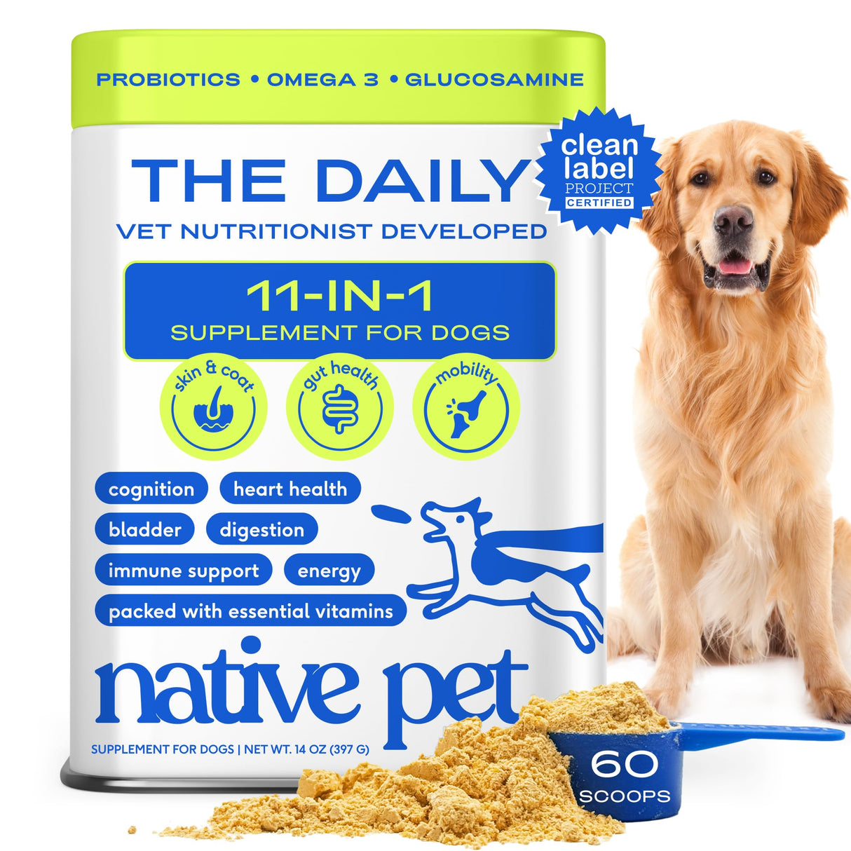Native Pet Dog Vitamins & Supplements - 11-in-1 Multivitamin Powder for Dogs Food Topper - Collagen, Glucosamine, Probiotics, Omega & More- Supports Healthy Gut, Mobility & Overall Health -60 Scoops