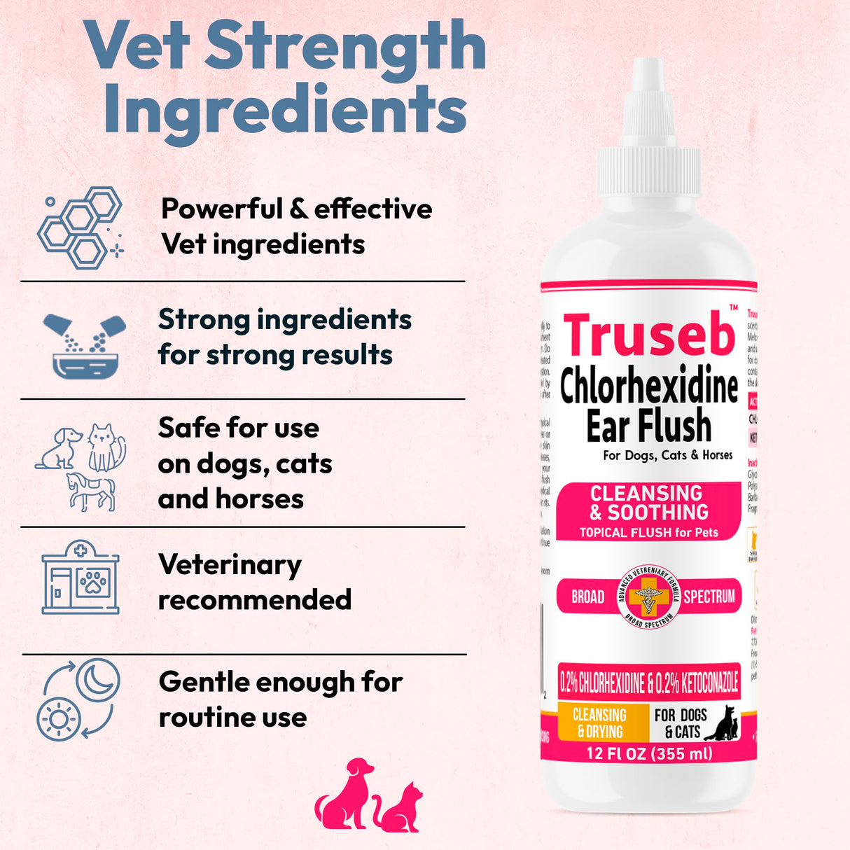 Truseb Advanced Topical Dog Ear Wash with Ketoconazole & Chlorhexidine Ear Flush Dog, Cats and Horses, with Aloe - 12 oz Made in U.S.A (Ketoconazole & Chlorhexidine Ear Flush, 12 oz)