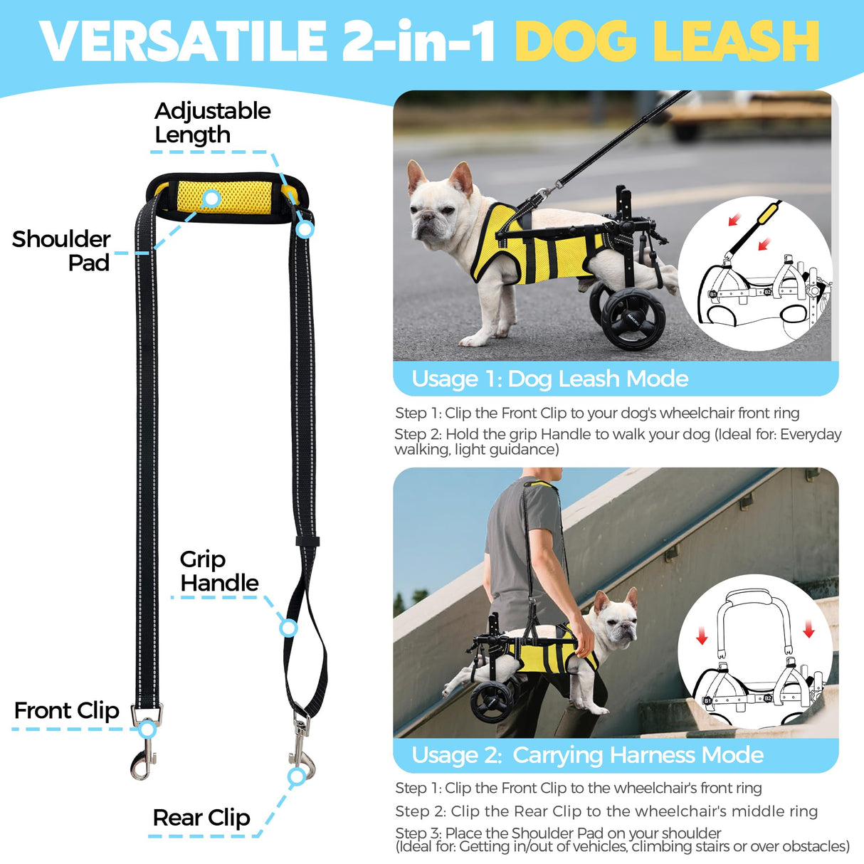 LOKSHUN Small Dog Wheelchair for Back Legs, Adjustable Rear Leg Mobility Support for Small Dogs up to 22 lbs, Lightweight Dog Mobility Cart with 2-in-1 Leash, LED Light, Heavy-Duty Wheels (Yellow-S).