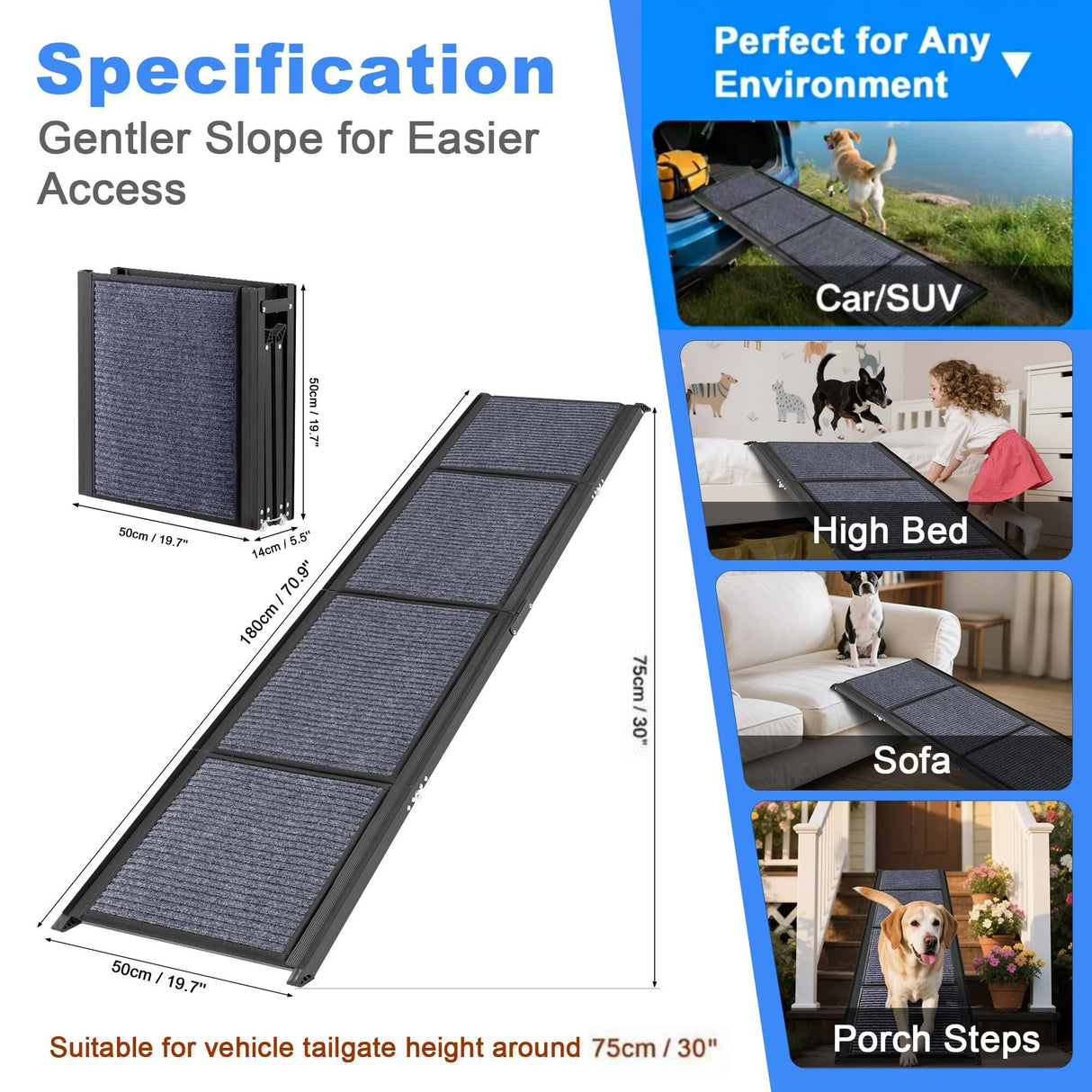 COSIEST Dog Ramp for Car, 70.9" L x 19.7" W Extra Wide Folding Dog Ramp for Large Dogs Up to 250LBS, Portable Pet Steps with Non-Slip Surface for SUV, Bed