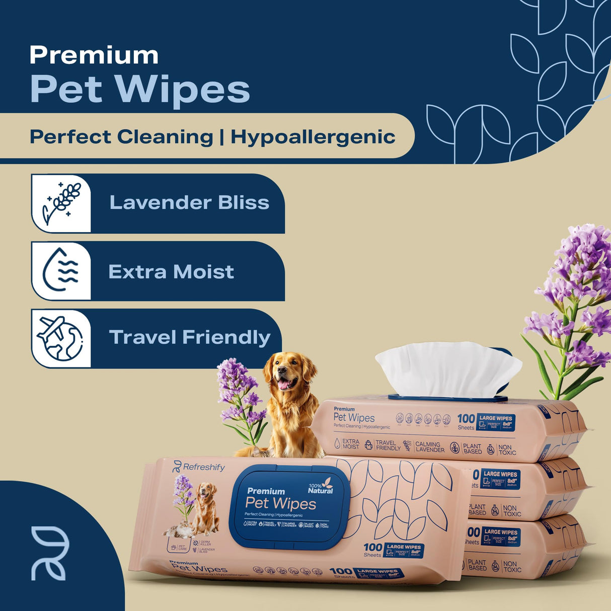 REFRESHIFY Dog Wipes for Paws and Butt - Plant Based Lavendar Scented (Pack of 400) - Pet Wipes for Dogs and Cats - Deodorizing Non Toxic Dog Wipes, +12 Additional Travel Wipes