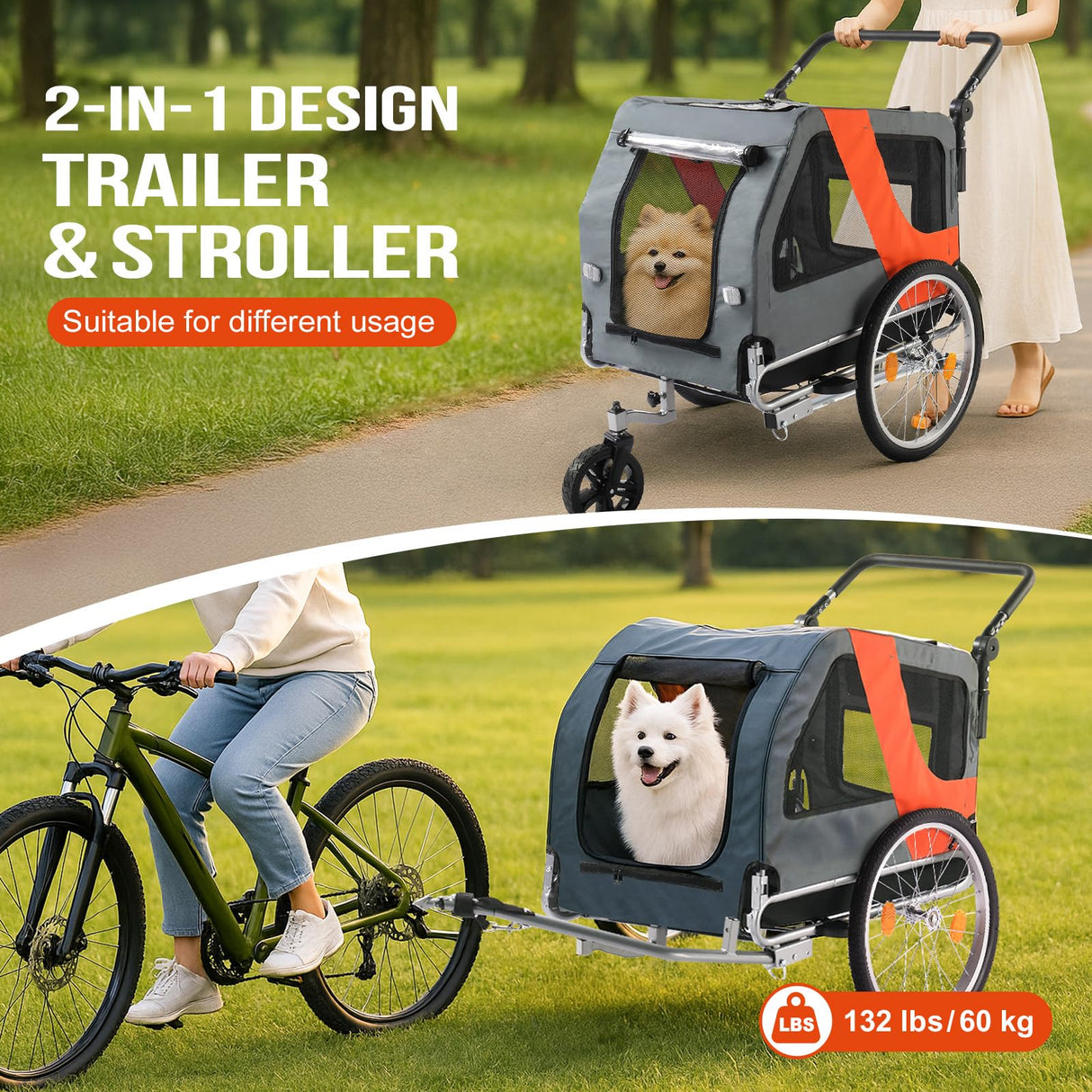 Ktaxon 2-in-1 Pet Bike Trailer, Heavy Duty 132lbs Load Capacity Foldable Dog Wagon with Quick Release Wheels, Bicycle Stroller for Large Dogs and Small to Medium Pets, New Upgraded Quick-Install Frame