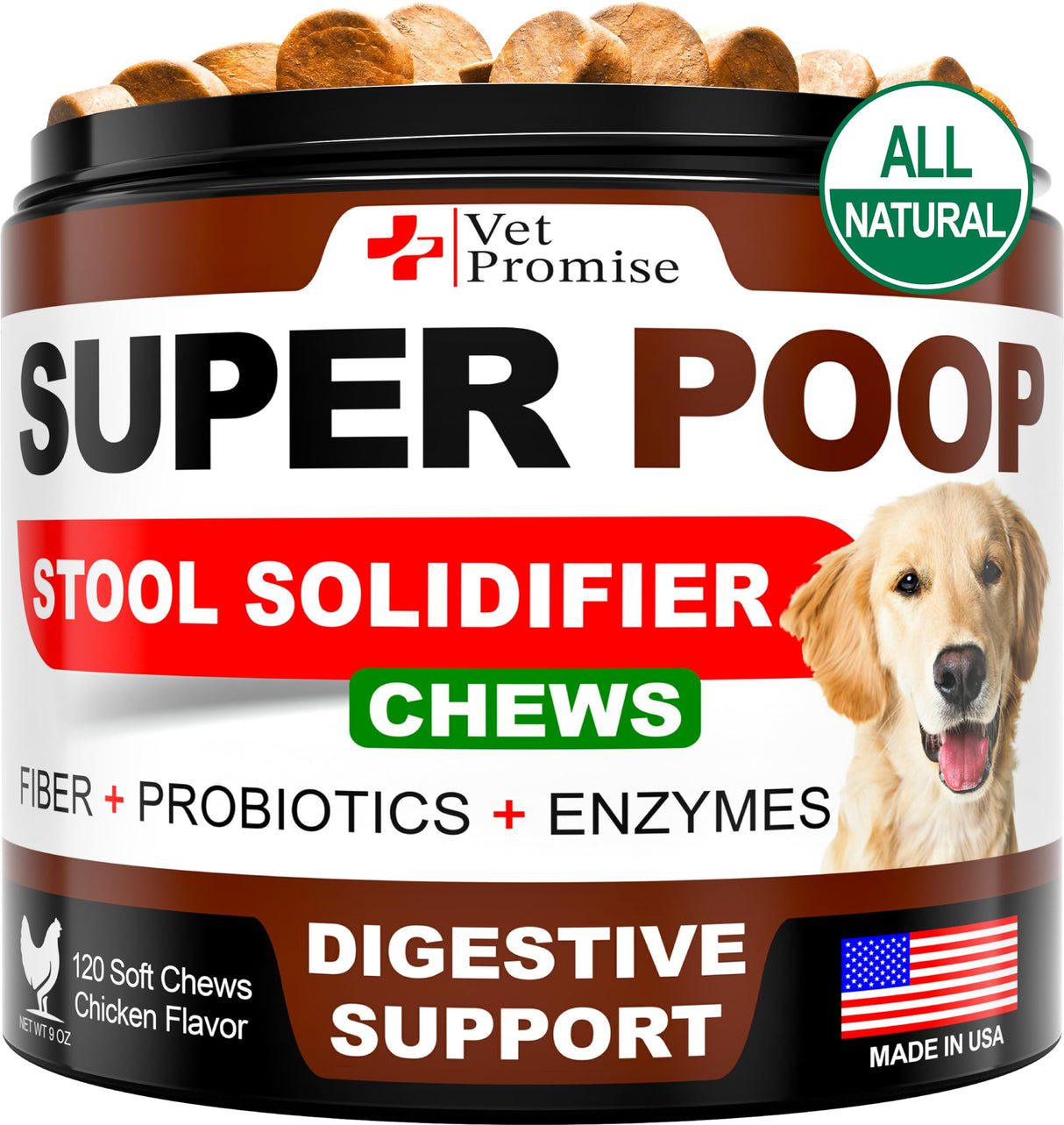 Vet Promise Super Poop Probiotics for Dogs - Dog Stool Softener - Fiber for Dogs Supplement - 6 Probiotics and Digestive Enzymes - Healthy Gut - Perfect for Firm Stool & Diarrhea Relief - 120 Chews