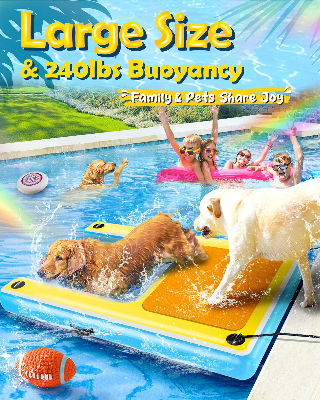 Upgrade Inflatable Dog Ramp,Multi-Use Dog Floats Ladder for Boat Pool Dock Lake,Non-Slip One-Piece Ramp Mesh Swimming Plank for Pup& Large Dogs Up to 240 lbs,Portable for Car Travel,Water Play