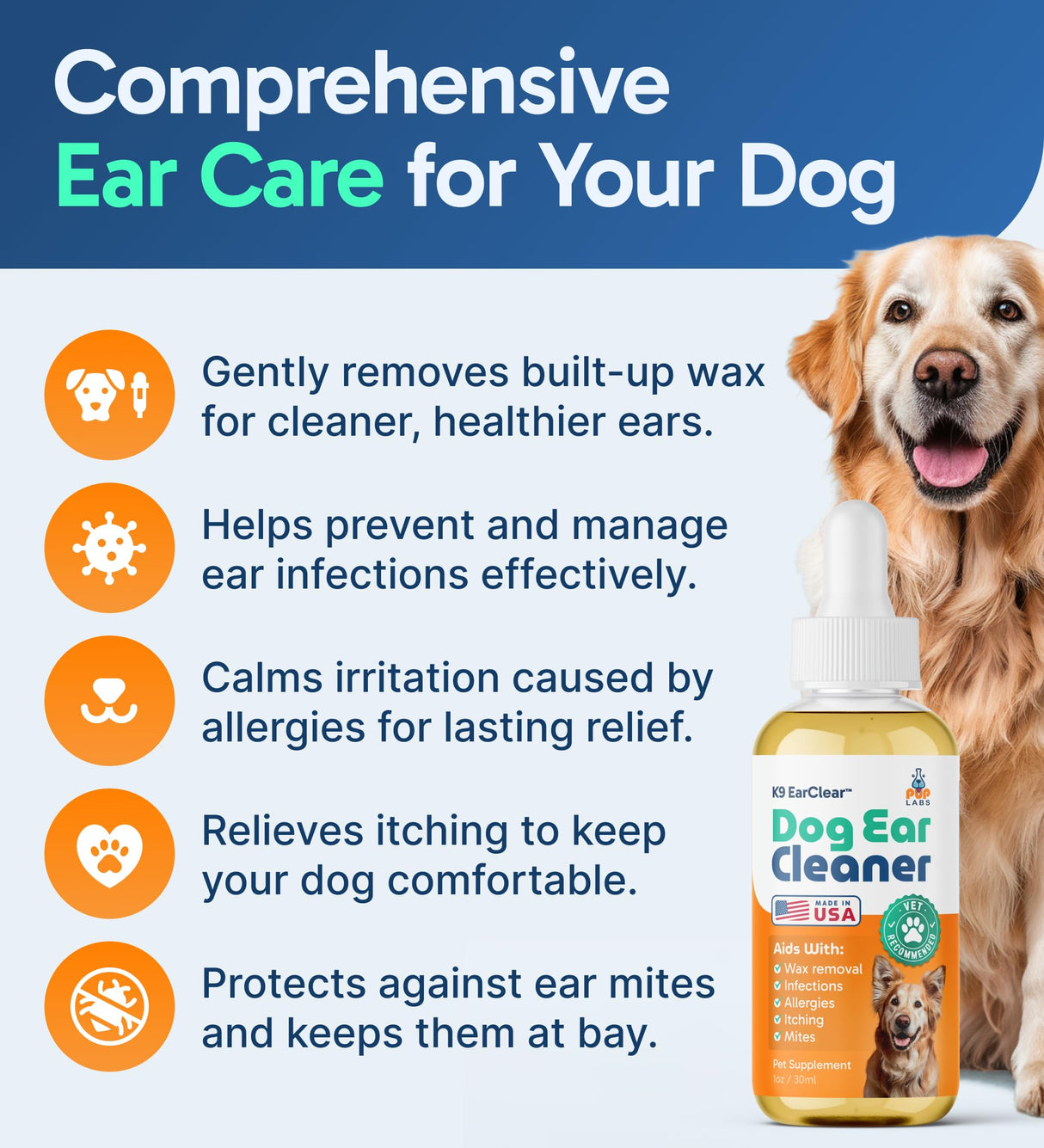 Pup Labs Ear Clear, Natural Dog Ear Cleaner and Infection Treatment for Dogs, Dog Drops for Itching, Irritation, & Wax Build-Up, 1 oz Bottle with Dropper