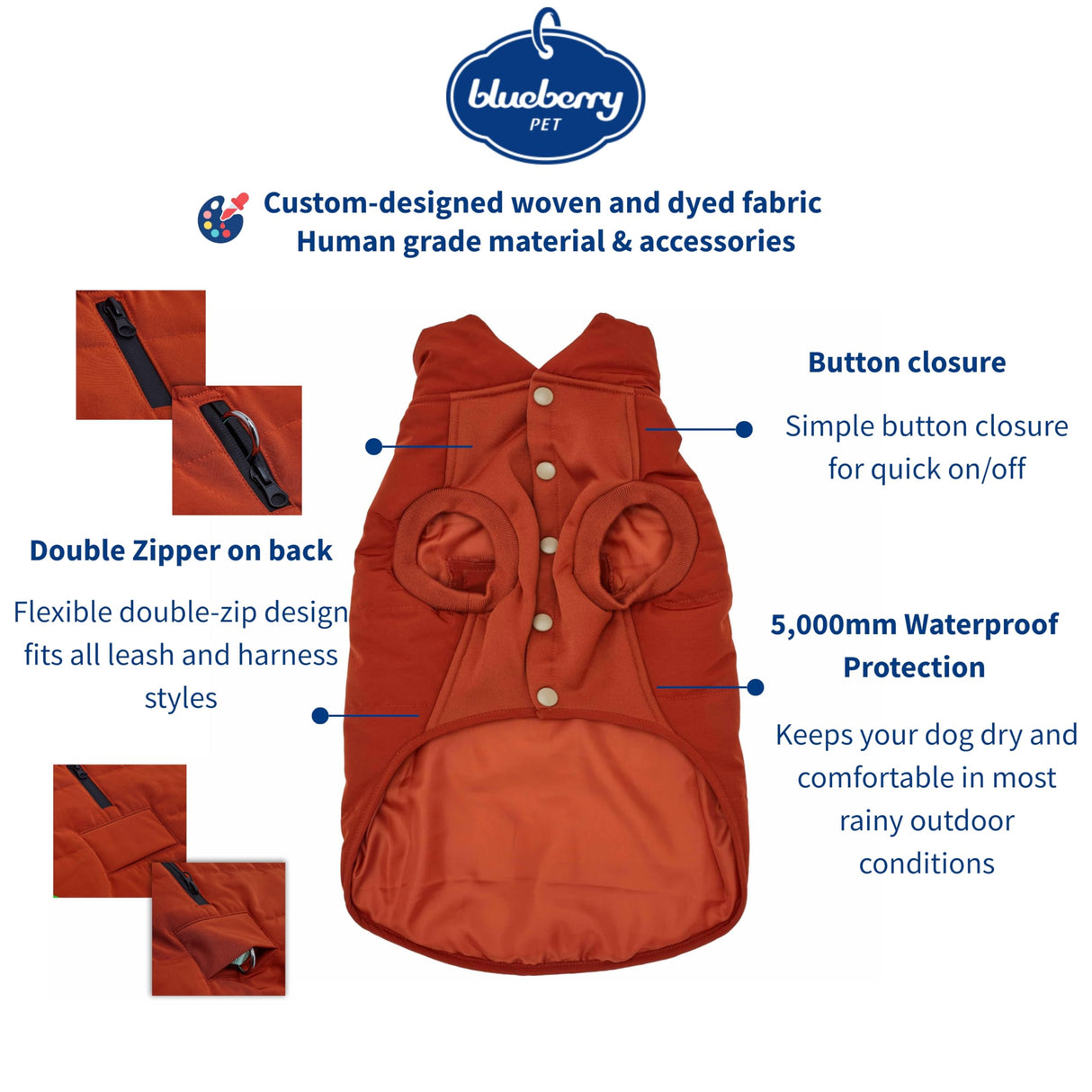 Blueberry Pet Cozy & Comfy Windproof Waterproof Quilted Dog Coat, Rusty Orange Winter Jacket for Medium Dogs, 20" Back Length, Warm Snowsuit-Style Outfit