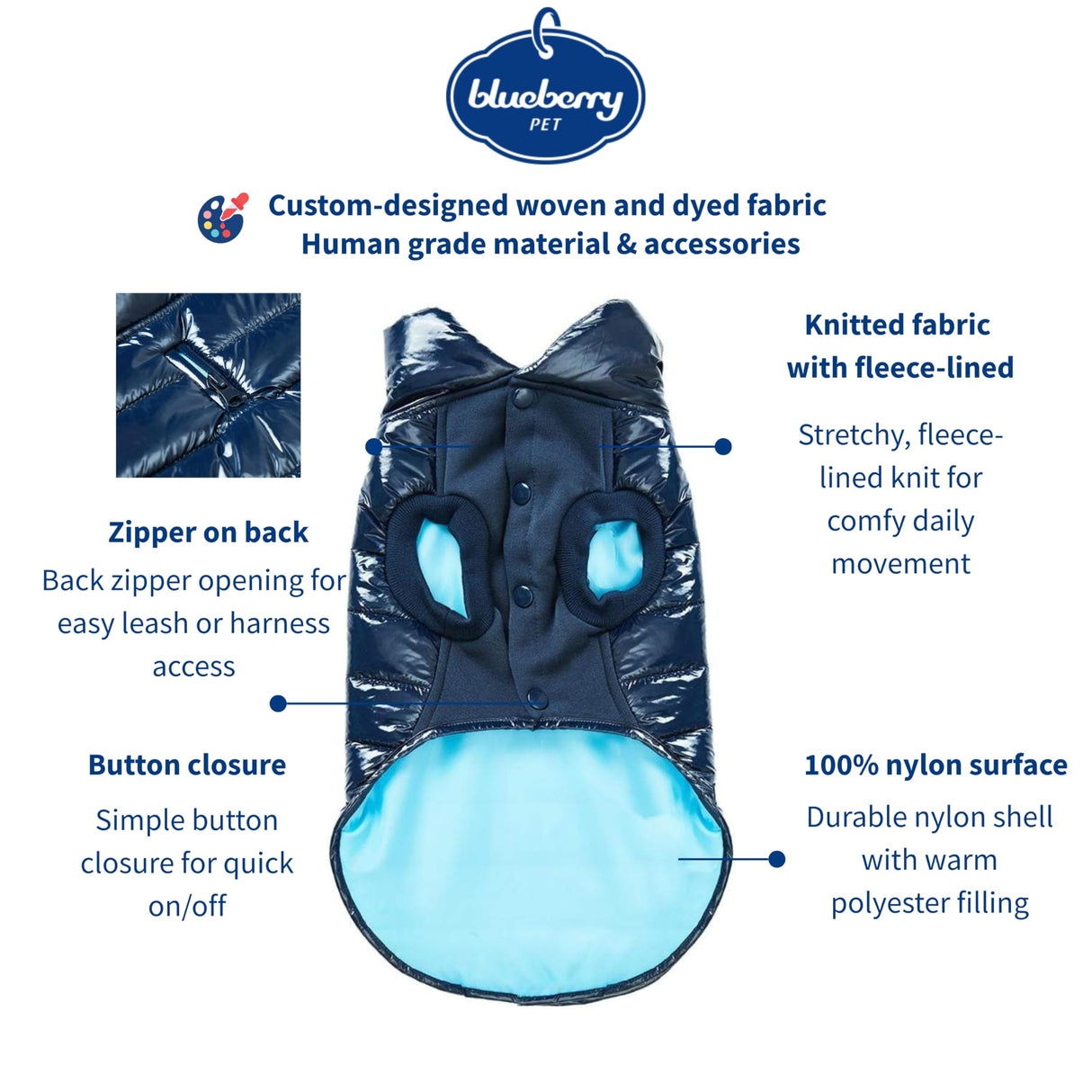 Blueberry Pet Cozy & Comfy Windproof Lightweight Quilted Fall Winter Glossy Dog Puffer Jacket in Navy Blue, Back Length 12.5", Size 10, Warm Coat for Small Dogs