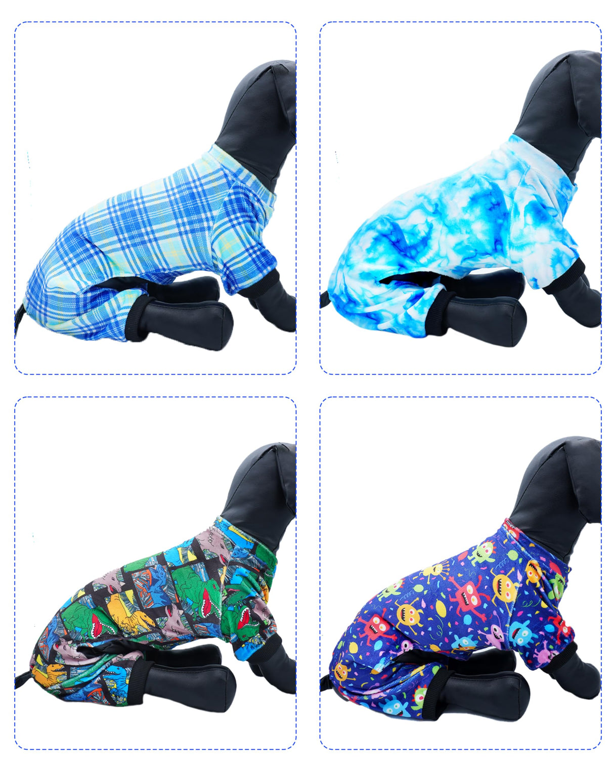 PET SHOW 4 Pack Small Dog Pajamas Cute Dinosaur Monster Clothes for Medium Dogs Soft Stretchy PJs Plaid Jumpsuit Puppy Tie Dye Onesies Outfits with Sleeve Pets Dachshund Costume(XXL, Blue for Boys)