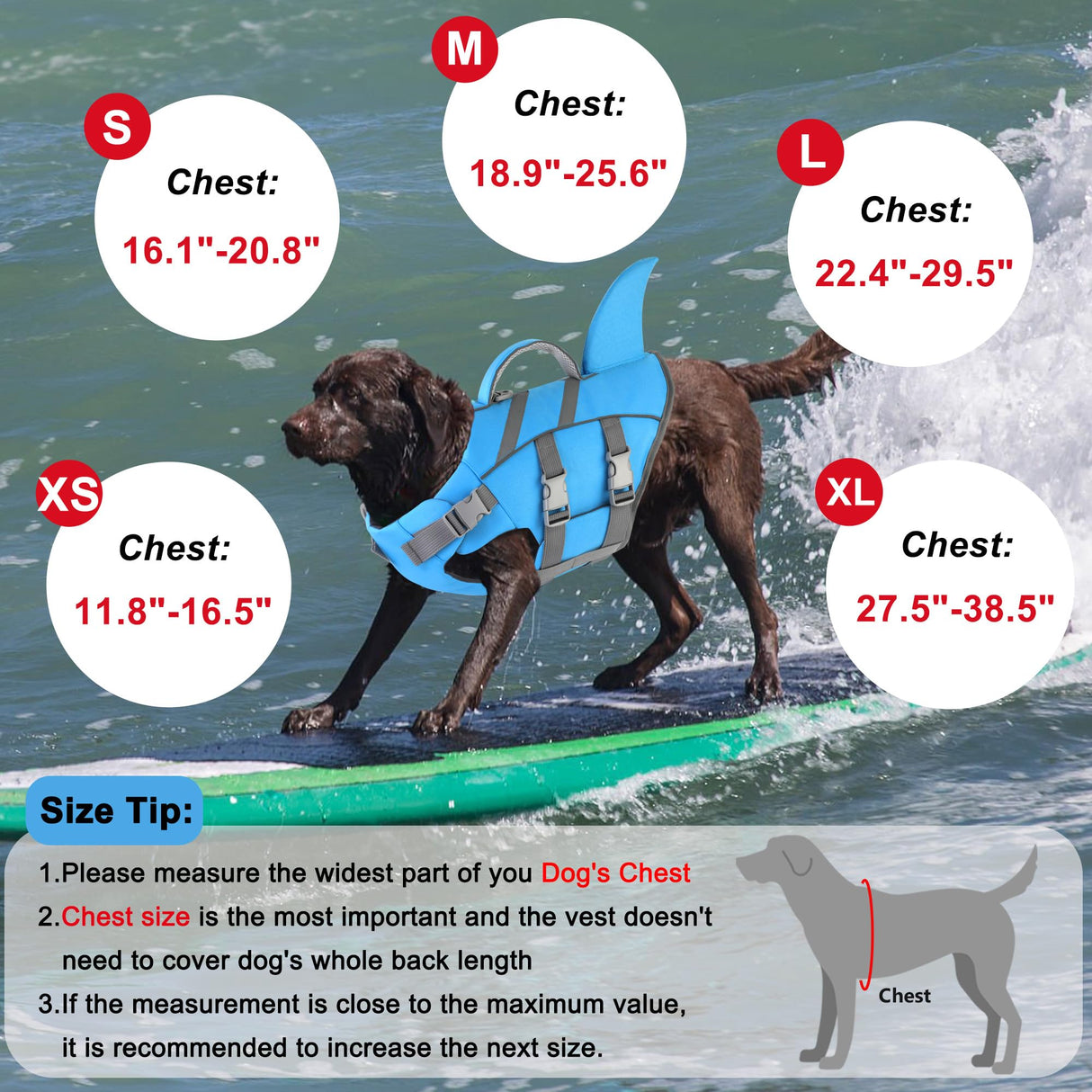 Dogcheer Dog Harness-Style Life Jacket Shark, Reflective Dog Life Vest for Swimming Boating, Adjustable Puppy Swim Vest, Pet Floating Device for Small Medium Large Dogs - Blue, L