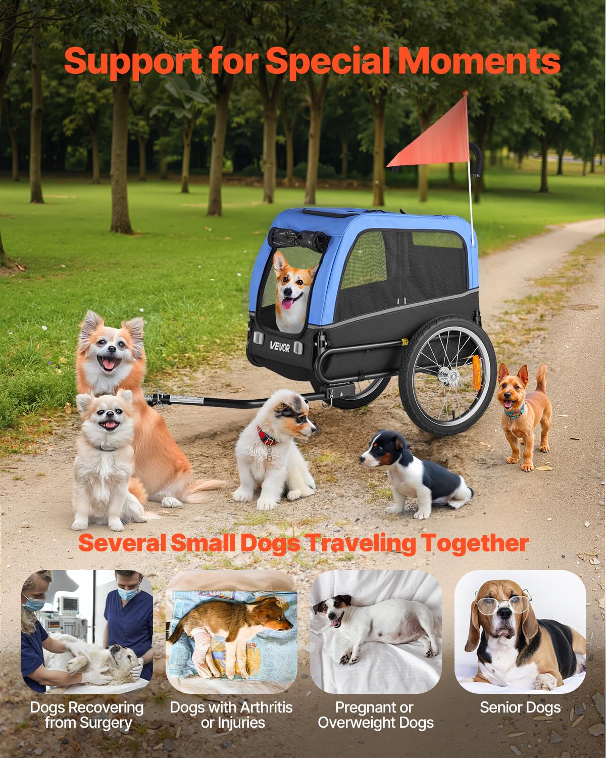 VEVOR Dog Bike Trailer, Supports up to 66 lbs, Pet Cart Bicycle Carrier for Small & Medium Dogs, Easy Folding Frame with Quick Release Wheel, Universal Bicycle Coupler, Reflector, Flag, Internal Leash