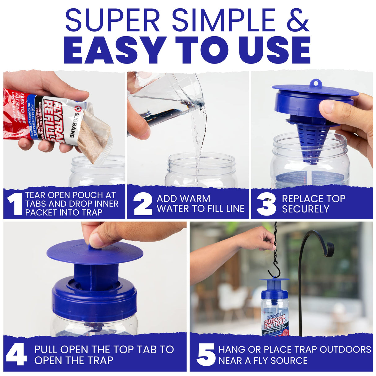 2 Reusable Fly Traps Outdoor Fly Traps with 4 Natural Fly Magnet Bait Refill. Flies Trap Outdoor Reusable Fly Trap Jar Fly Trap Fly Catchers Outdoor Fly Bait Fly Bags Flytraps Stable Horse Fly Trap