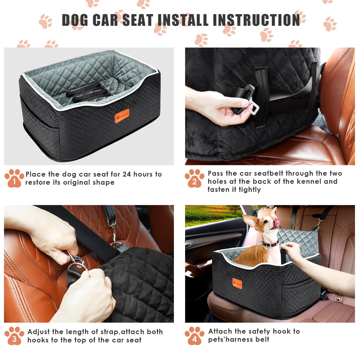 AlfaTok Memory Foam Booster Dog Car Seat for Medium Dogs (Under 45LBS): Elevated, Detachable Washable, Anti-Slip, for Car Back Seat, Travel Pet Bed with Seat Belt