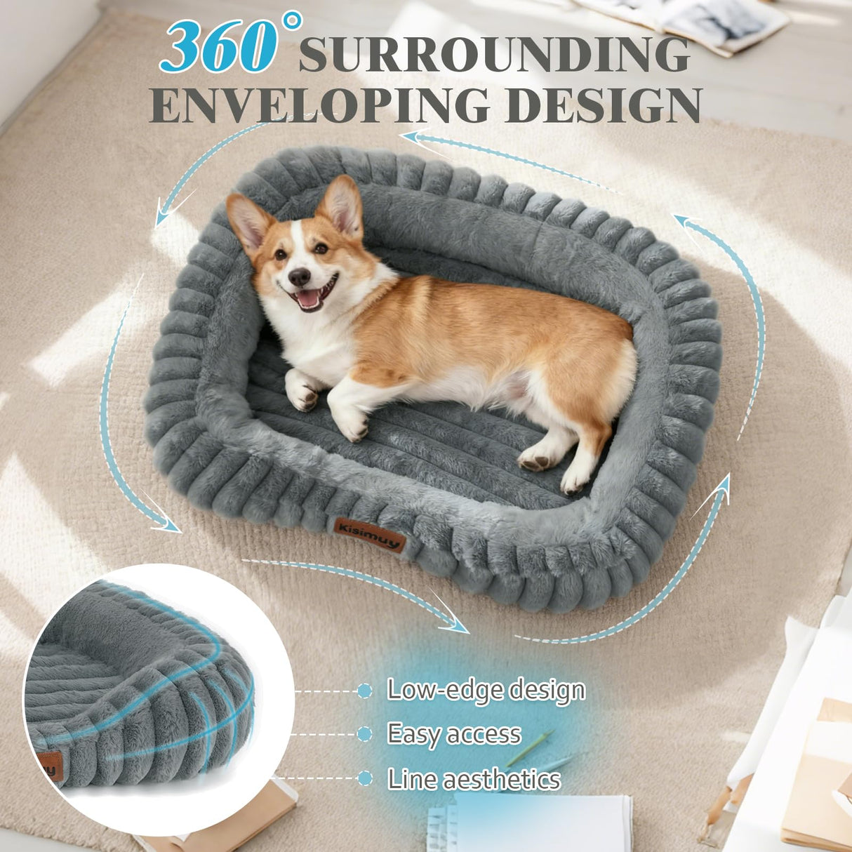 KISIMUY Cute Washable Dog Bed for Small Dogs -Soft Plush Calming Puppy & Cat Bed with Anti-Slip Bottom, Rectangle Anti-Anxiety Puppy Kennel Bed with Handle, 25" x 21" x 4",Grey
