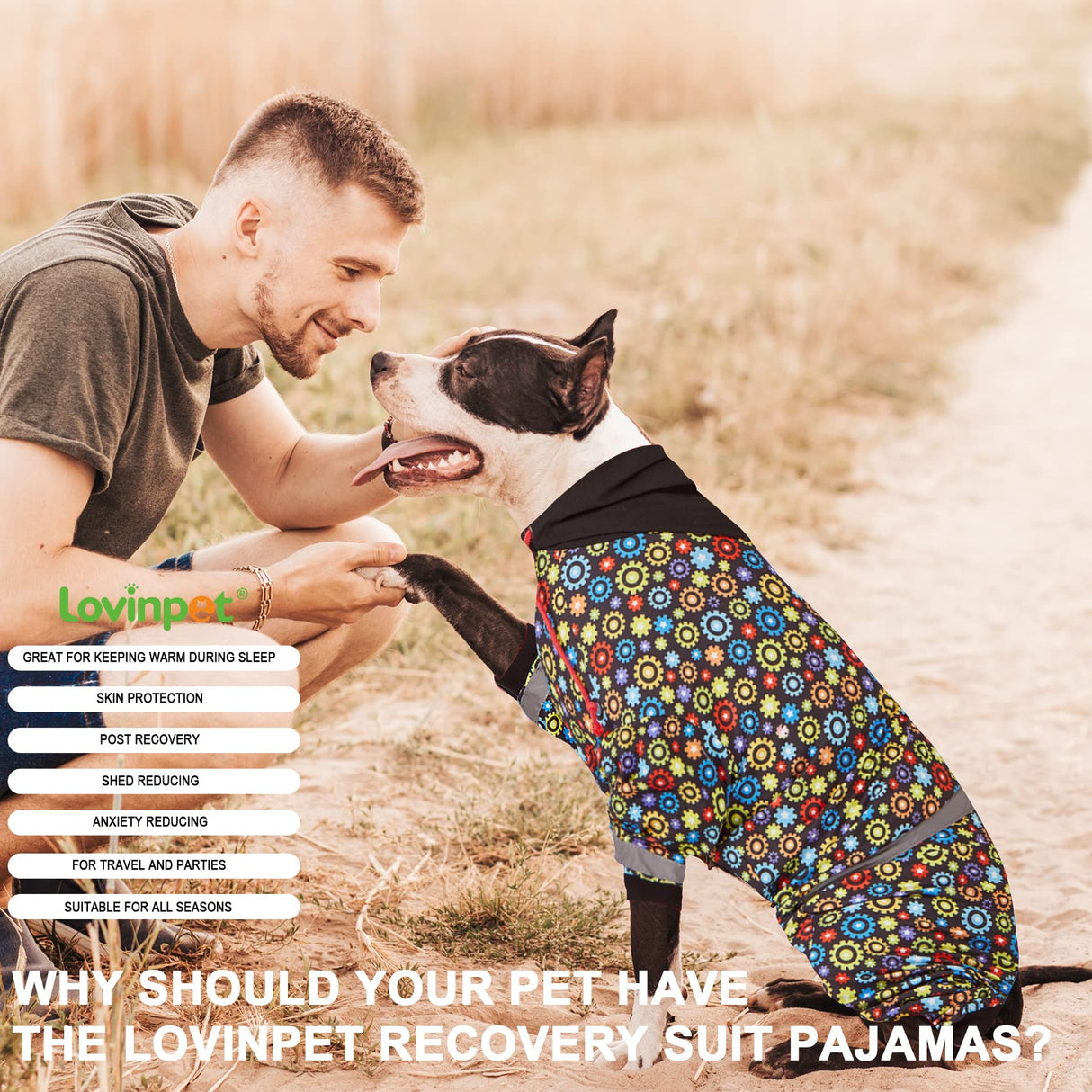 LovinPet Large Big Dog Onesies, Wound Care/Post Surgery Dog Shirt, Stop Shedding for Dogs, Pet Anxiety Relief Pajamas, PJ's for Dogs, Reflective Stripe, Gears and Black Print, Pet PJ's, L