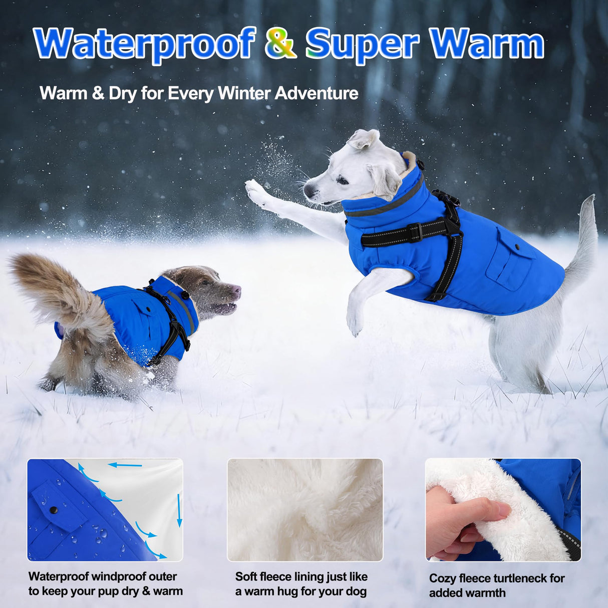 Dogcheer Dog Coat with Harness, Waterproof Warm Dog Winter Jacket with Pockets, Reflective Pet Fleece Jacket Turtleneck Snowsuit for Small Medium Large Dogs - Blue, 2XL