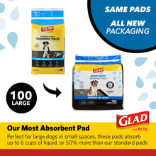 Load image into Gallery viewer, Glad for Pets Heavy Duty Activated Carbon Training Pads, 24" x 24" 100ct | Ultra Absorbent Training Pads - Absorbs 50% More Than Standard Pad in Same Size; Heavy Duty Puppy Potty Training Pads