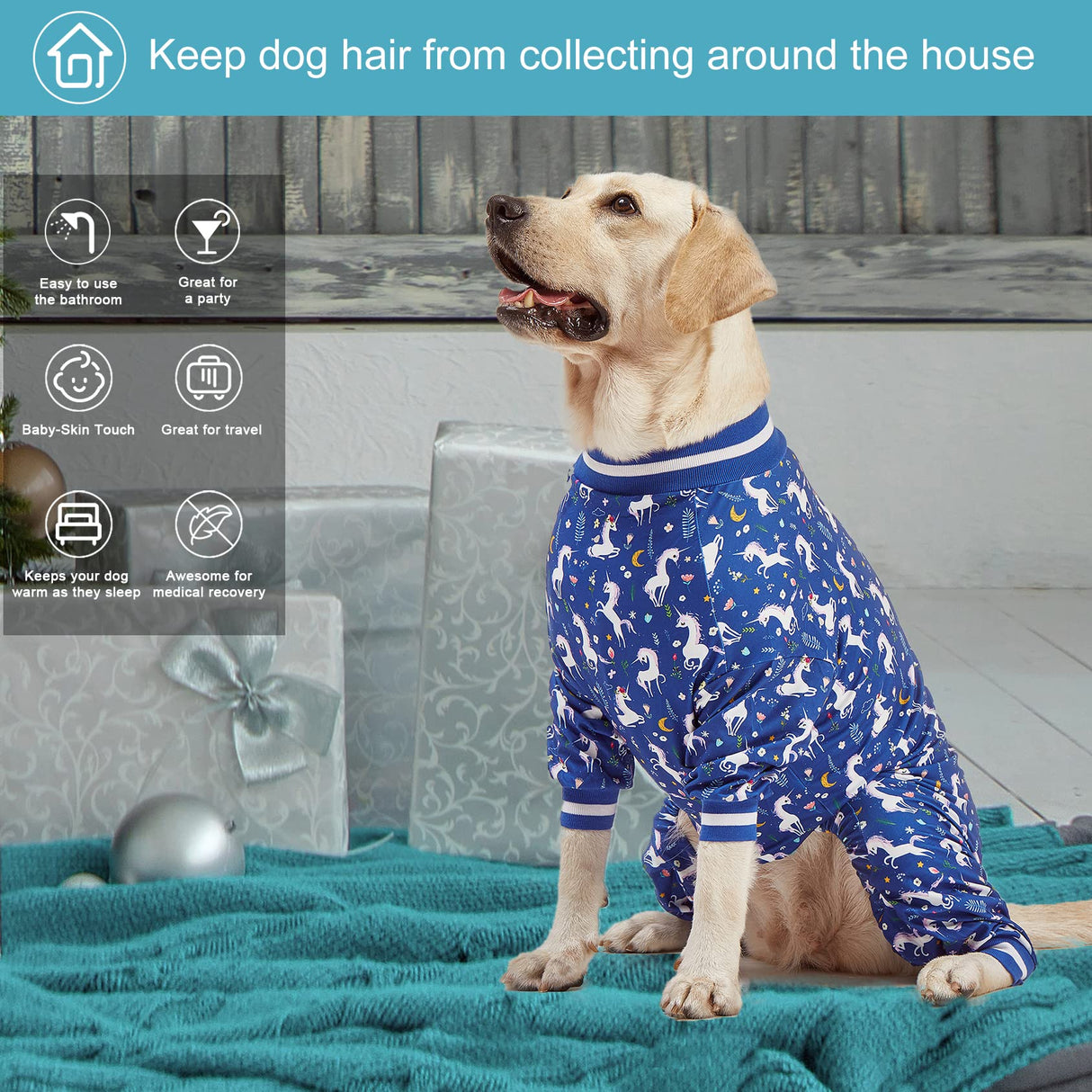 LovinPet Large Dog PJS Clothes: Wound Care/Post Surgery Mastiff Shirt, Lightweight Stretchy Knit Dog Pajamas, Mermaids & Unicorns Blue and White Print, Mastiff Pajamas, Pet PJ's/Medium
