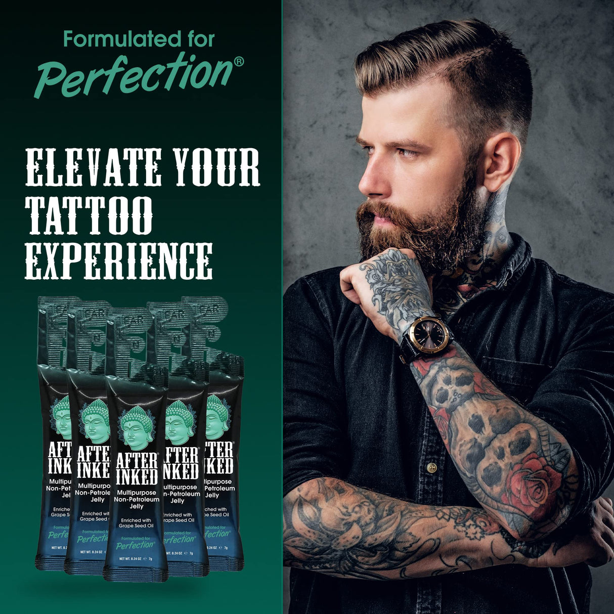 After Inked Tattoo Aftercare Non-Petroleum Jelly - With Grape Seed Oil, Essential for Tattoo Kit, PMU & Piercing Aftercare - Multipurpose Ointment - 7g Reclosable Packet (10-Pack)
