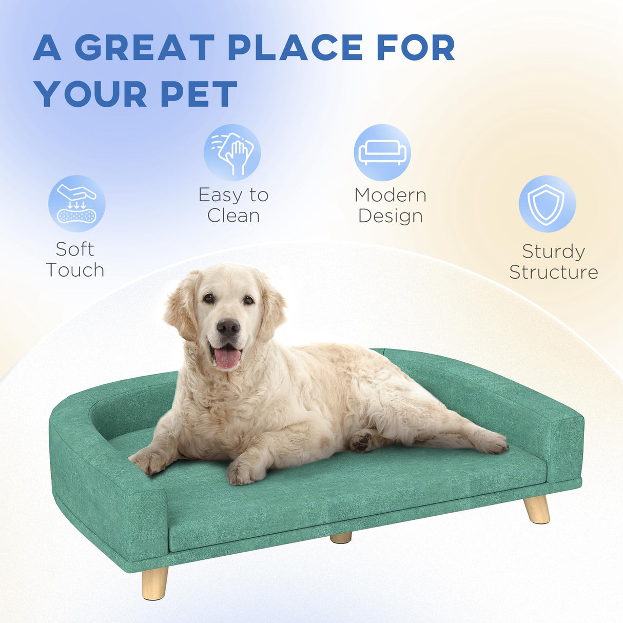 PawHut Dog Sofa Couch, Pet Bed with Comfortable Luxury Cushion, Washable Cover, Wooden Legs, Anti-Slip Mat for Large Dogs, Cats, Kittens, Green