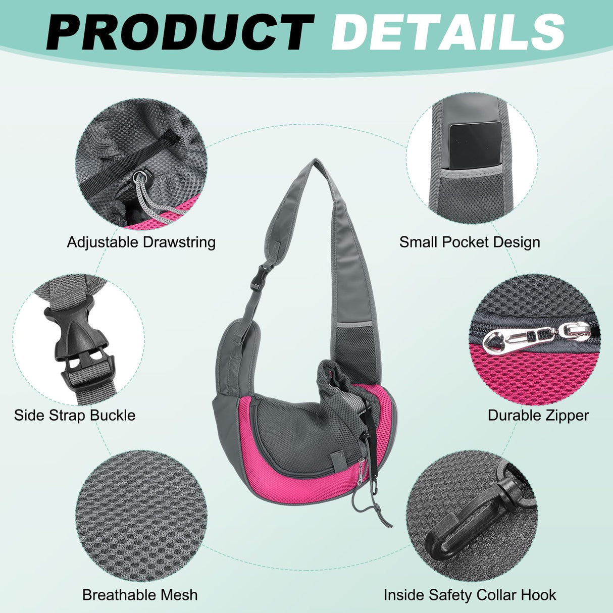 PETAXCELL Dog Sling Carrier for Small Pet Up to 13.2 lbs Hand-Free Drawstring Pet Sling Carrier with Safety Hook & Adjustable Strap, (Rose Red, 1 Pcs) Intended for Hiking and Camping