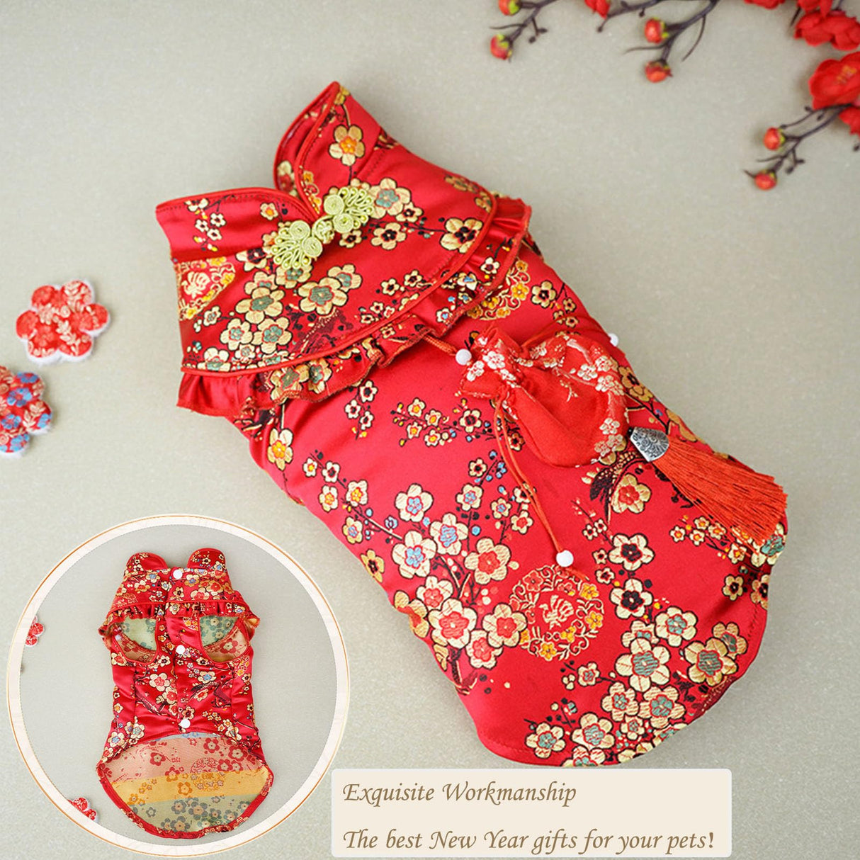 BAMY New Year Dog Cheongsam Fortune Bag Cat Tang Suit Chinese Traditional Pet Outfit Qipao for Cats Small Medium Dogs (XS (Chest Circumference 14.5"), Red)