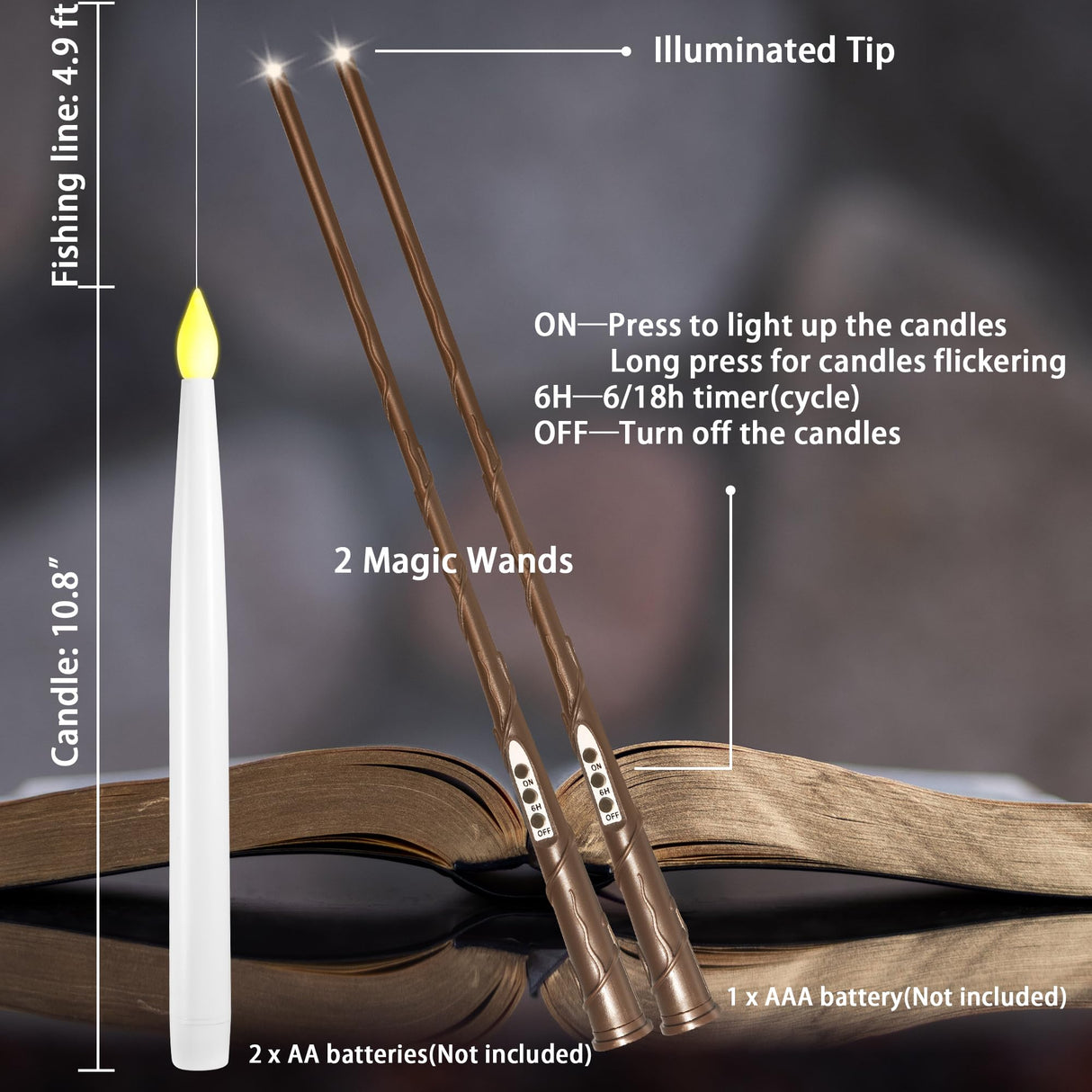 LUSHARBOR Floating Candles with Wand, 20 Pack Halloween Flameless Candles Battery Operated LED Taper Hanging Candles Electric Candle for Christmas Halloween Birthday Party Decor