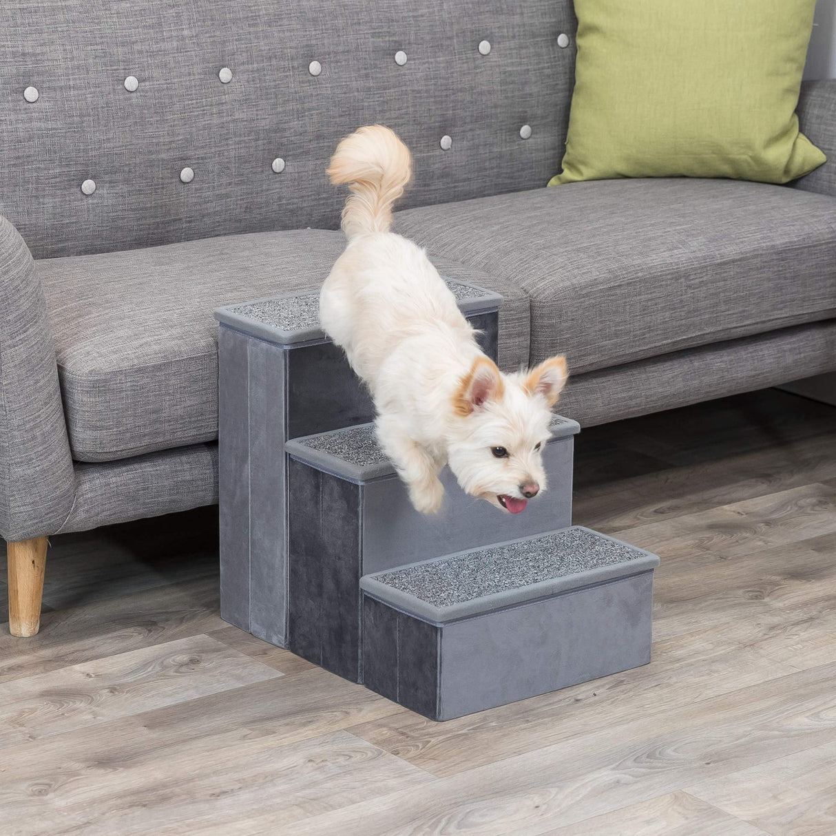 Trixie Velour 3-Step Pet Stairs with Storage, Collapsible, Storage Compartments for Pet Toys,Gray