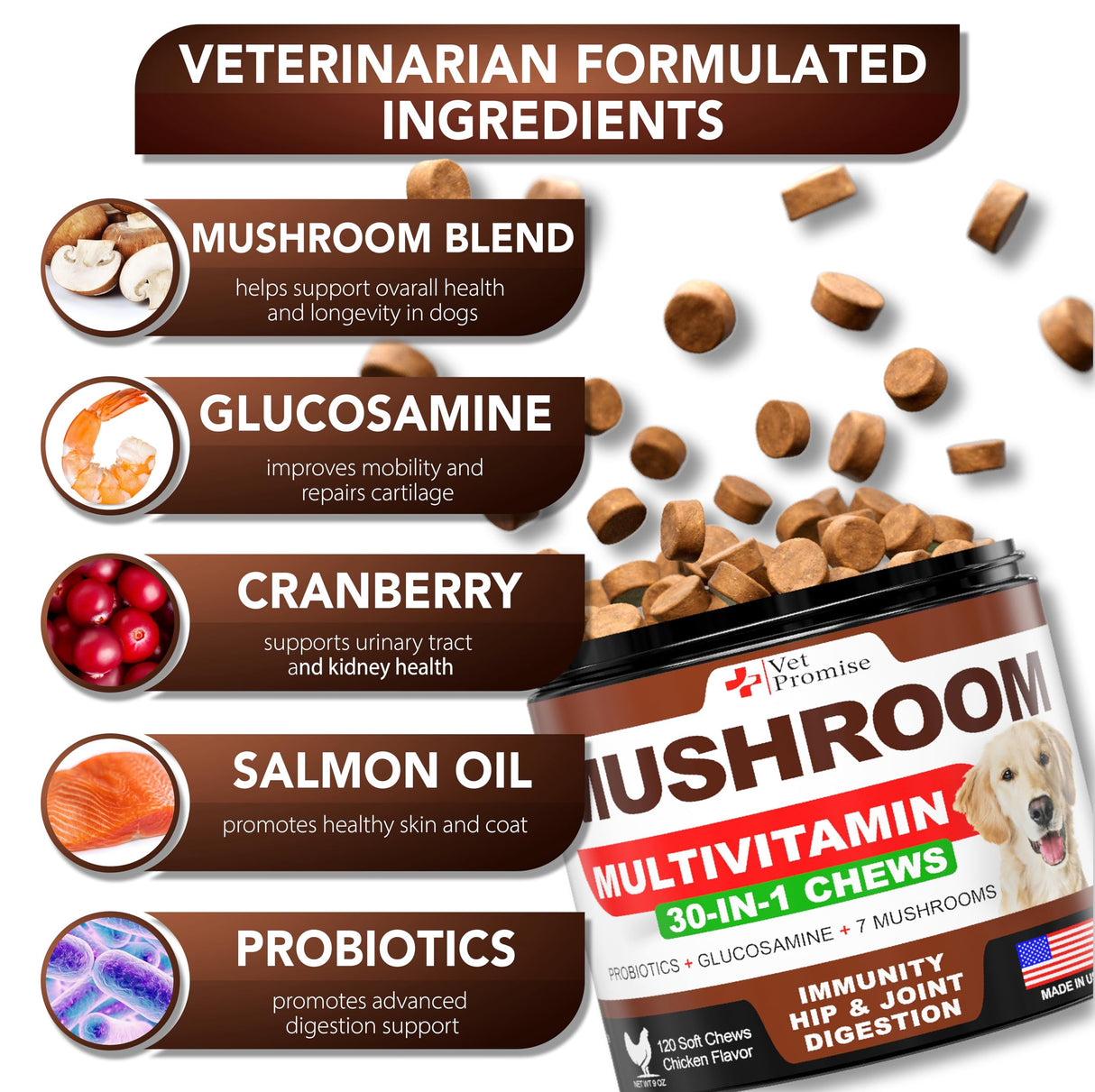 Turkey Tail Mushroom for Dogs - 170 Chews - Mushroom Supplement for Dogs - Lions Mane - Reishi - Immunity Support Multivitamin Vitamins - Joint Health - Energy - Gut - Skin - Made in USA