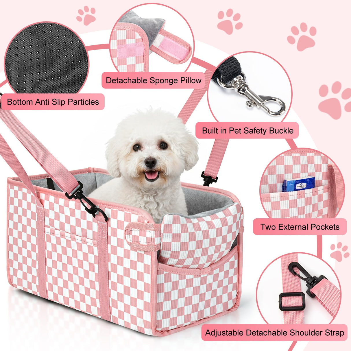 Portable Dog Car Seat for Small Dogs - Pet Booster Seat with Safety Leash & Anti-Collapse Design, Washable Cushion - Center Console Car Travel Carrier for Pets Up to 12 lbs, Pink Checkered