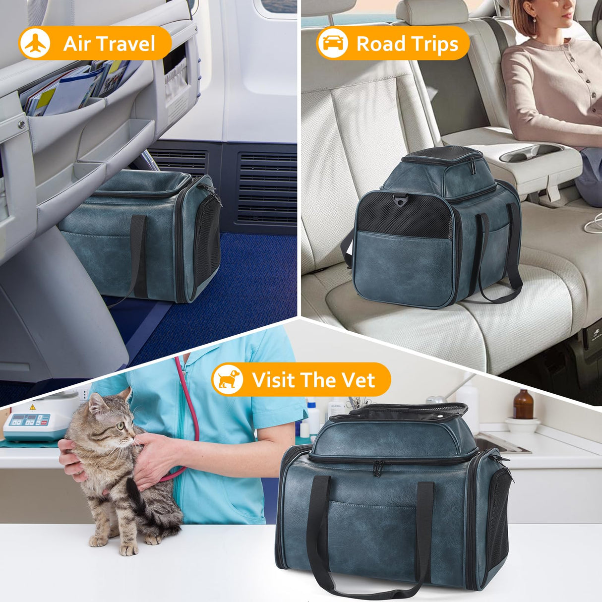 Bosnanller Premium Leather Top Expandable Pet Carrier for Small Dogs & Cats Under 15 lbs, Airline Approved Collapsible Soft-Sided Luxury Travel Bag Blue