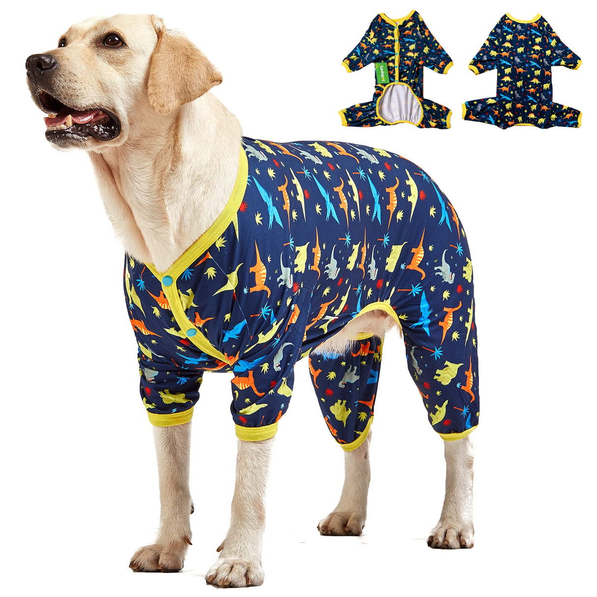 LovinPet Big Dog Pajamas for Large Dogs/Prehistoric Adventure Dinosaur Navy Print/Lightweight Stretchy Knit Pullover Dog Clothes/Large Dog Onesie, Pet Pajamas for Dogs, Pet PJ's/XXL