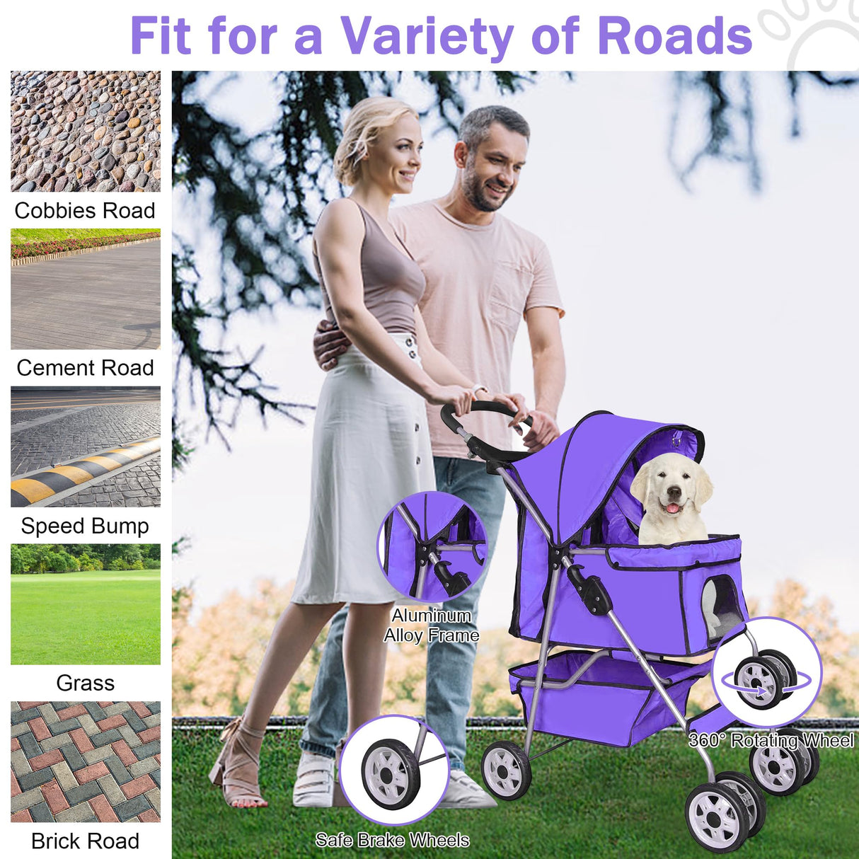BLKMTY Folding Dog Stroller, 4 Wheels Pet Stroller, Foldable Cat Strollers Waterproof Travel Carrier Strolling Cart for Puppy Jogger with Cup Holder & Storage Basket, Purple