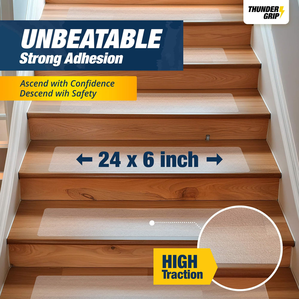 Clear Stair Treads Non-Slip 24"x6" - 15-Pack Indoor Stair Grips Non Slip for Wooden Steps - Anti Slip Adhesive Strips for Dogs & Elderly - Staircase Step Treads - Transparent Treads for Wood Stairs